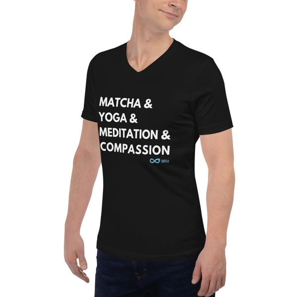 Matcha & Yoga & Meditation & Compassion - Unisex V-Neck - White Print